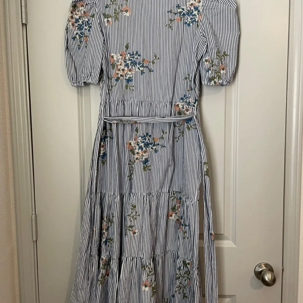 Veronica Beard Blue & White Striped Floral Tie-Waist Midi Dress - Picture 3 of 3